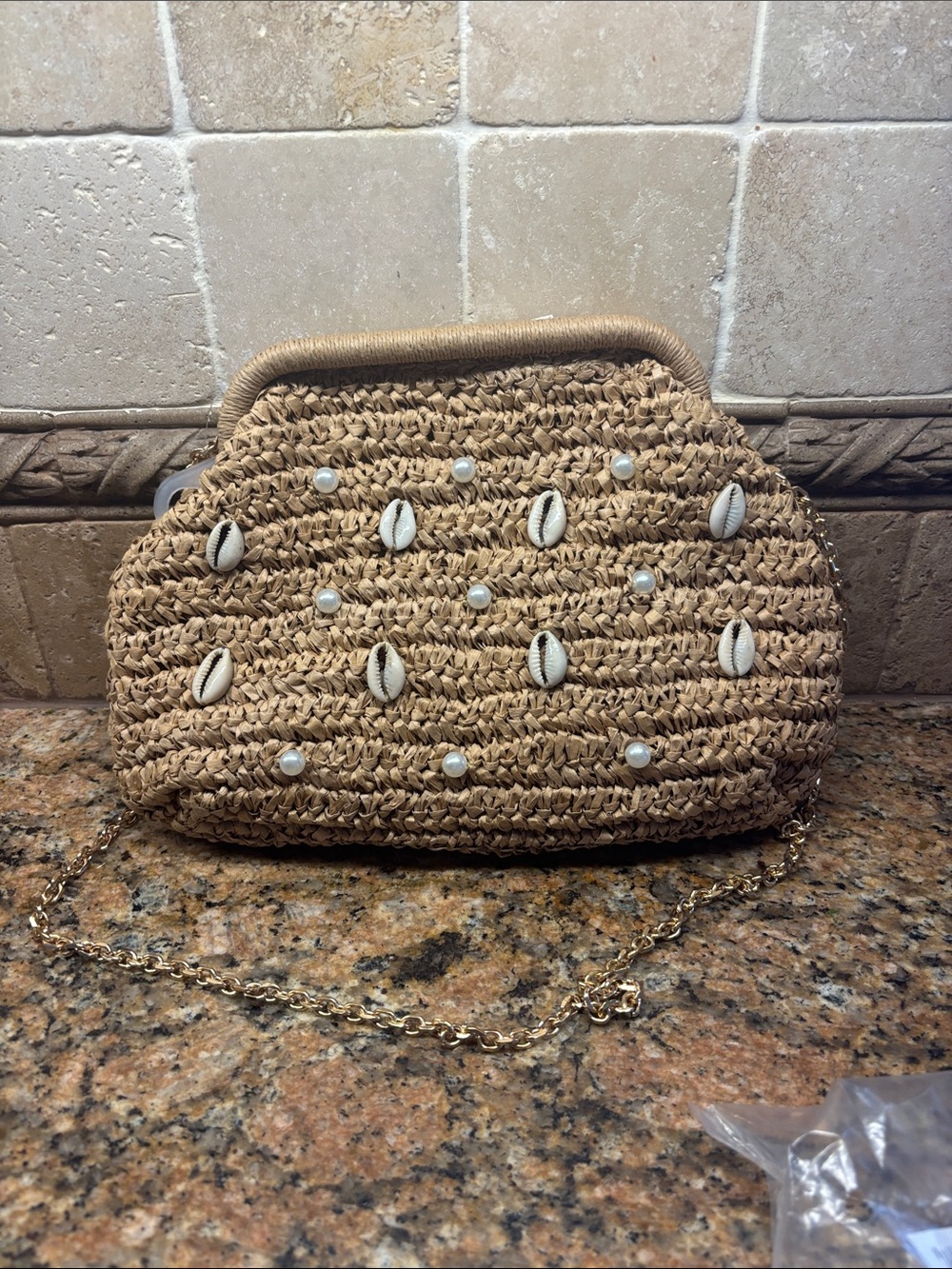 Time and Tru Woven Straw Shell Accent Crossbody Bag - Natural NWT